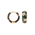 Detailed view of floral enamel hoop earrings featuring pink cherry blossoms on black finish - Black