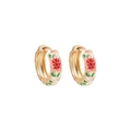 Close-up of golden hoop earrings featuring red enamel flowers and green leaf patterns - Pink