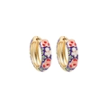 Close-up of golden hoop earrings featuring colorful floral enamel patterns and hinge closure - Dark Blue