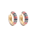 Detail of gold hoop earrings with colorful enamel stripes and embossed gold dot texture - Striped Floral