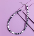 Bohemian black and white Heishi clay bead necklace with adjustable silver lobster clasp - Black and White