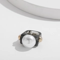 Detail of square resin ring with marble texture, large faux pearl and gold beads - Smoke Gray
