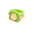Macro detail of a lime green resin Y2K ring with gold studded geometric accents - Grass Green
