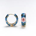 Retro gold earrings with blue enamel and pink floral pattern in hoop style - Blue