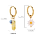 Asymmetric gold hoop earrings with daisy and blue marble bead charms, 3.5cm length - White Daisy Blue White Bead Asymmetric Style (21855)