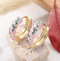 Golden round hoop earrings with pink floral enamel and white flowers in vintage style - Pink White Floral