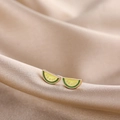 Macro shot of watermelon enamel stud earrings with green rind and yellow fruit on silk - Green Watermelon