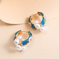 Retro hoop earrings with navy enamel flowers and clusters of white teardrop pearls - Blue with Pearl 20982_2