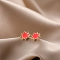 Chic Y2K golden sun stud earrings with bright red enamel inlay on satin background - Red Sunflower