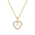 Detail of gold heart pendant necklace featuring zircon pavé and scripted letter V - Letter V(V)