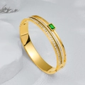 Luxury gold titanium steel bracelet with rectangle emerald stone and pavé zircon stones - Gold