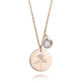 Detail of rose gold necklace with engraved rose pendant and clear round zircon stone - June Birth Flower Style (B387)