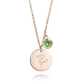 Détail du collier en or rose avec pièce gravée de pavot et pendentif en zircon vert - Style de Fleur de Naissance d'Août (B389)