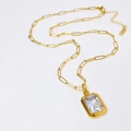 Golden paperclip chain necklace with a large rectangular clear crystal pendant for women - Gold White Square Stone