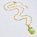 Gold paperclip chain necklace featuring a large emerald-cut green crystal pendant - Gold Green Square Stone