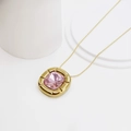 Pink square crystal pendant necklace with golden snake chain on minimalist white display - Gold - Pink Square Zirconia C57