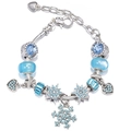 Silver snake chain bracelet featuring blue crystal snowflakes and heart-shaped charms - Sky Blue Ice & Snow Snowflake Style (012)