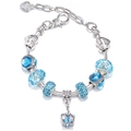 Silver crown charm bracelet with sky blue crystal beads and engraved heart pendant - Sky Blue Crown Heart Style (Model 011)