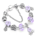 Silver snake chain bracelet with purple glass beads and enamel flower charm detail - 16cm / Purple