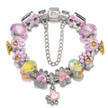 Pink DIY charm bracelet featuring vintage bus, cat paw, and glass beads on silver chain - Pink Vintage Bus Cat Paw Style (Model 004) / 16cm