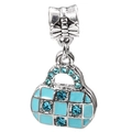 Pendentif sac à main en argent avec émail matelassé bleu clair et cristaux brillants - Sac à Carreaux Bleu Ciel (035)