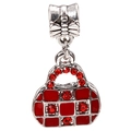 Charm sac à main en argent avec motif à carreaux rouges, nœud et strass brillants - Sac à Carreaux Rouge (033)