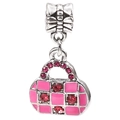 Charm sac à main en argent avec émail rose à carreaux et cristaux rouges pour bijoux - Sac à Carreaux Rose (031)