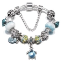 Silver ocean charm bracelet with blue sea turtle, fish and shell beads on snake chain - 16cm / Blue Ocean Theme (Style 001)