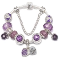 Silver snake chain bracelet with purple glass beads and heart pendant with engraving - 16cm / Purple Style (003)
