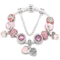 Pink crystal charm bracelet with rose heart pendants and silver snake chain for women - 16cm / Pink Mother's Day Style (002)