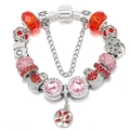 Pandora style silver-plated beaded bracelet with red crystals and heart charms - Red Pink Tree Style (008)