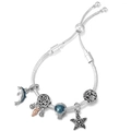 Adjustable silver snake chain bracelet with blue dolphin and starfish ocean charms - Ocean Dolphin Starfish Style (Model 002)