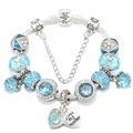 Silver charm bracelet with blue crystal beads and rose heart pendant for women - 16cm / Sky Blue Style (001)