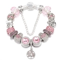 Pastel pink crystal charm bracelet with silver snake chain and heart tree pendants - Pink Camera Style (006)