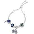 Silver adjustable snake chain charm bracelet with blue star and moon themed pendants - Starry Sky Blue Theme Style (Model 007)