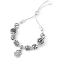 Adjustable silver snake chain bracelet with dog paw and floral charms on white background - Pet Paw Print Floral Style (015)