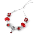 Adjustable silver snake chain bracelet with red crystal beads and ladybug charm - Red Ladybug Flower Style (018)