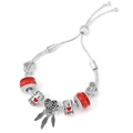 Detail of adjustable silver bracelet with red beads and I Love Coffee heart charms - Coffee Heart Feather Style (023)