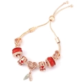 Rose gold snake chain bracelet with red beads, heart charms and feather pendants - Rose Gold Polka Dot Heart Style (024)