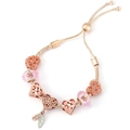 Rose gold snake chain bracelet with pink crystal beads and hollow heart charms - Rose Gold Feather Heart Style (028)
