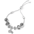 Detailed view of silver snake chain bracelet with gray crystals and heart charms - Silver Gray Faceted Bead Style (031)