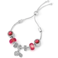 Detail of silver snake chain bracelet with red crystal beads and sparkling heart charms - Silver Red Faceted Bead Style (032)