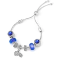 Adjustable silver snake chain bracelet with blue beads and heart-shaped charms - Silver Dark Blue Faceted Bead Style (033)
