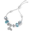 Detail of silver snake chain bracelet with blue crystal charms and heart pendants - Silver Light Blue Faceted Bead Style (034)