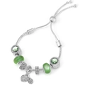 Macro shot of rose gold snake chain bracelet with green beads and heart pendant - Silver Green Cat Eye Style (035)