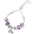 Detail of silver snake chain bracelet with purple glass beads and heart charms - Silver Purple Glass Style (036)