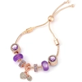 Rose gold snake chain bracelet with purple glass beads and heart pendants - Rose Gold Purple Glass Style (037)
