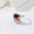 Adjustable silver steel ring with irregular red teardrop gemstone and metal drop accent - Silver+Red