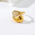 Gold irregular open ring with white teardrop gemstone on minimalist geometric block - US 6 / Gold + White