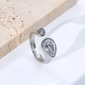 Adjustable silver titanium ring with pear and round drop-shaped sparkling crystals - Size 7 / Silver